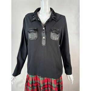 Rafaella Black Long Sleeve Blouse With Satin Trim & Dual Front Pockets Size XL
